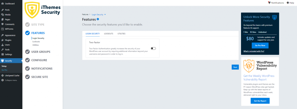 Page de configuration des Fonctionnalités de iThemes Security dans le tableau de bord WordPress