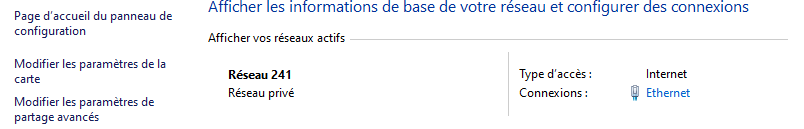 Le Centre de réseau et de partage de Windows où vous pouvez modifier les paramètres de la carte