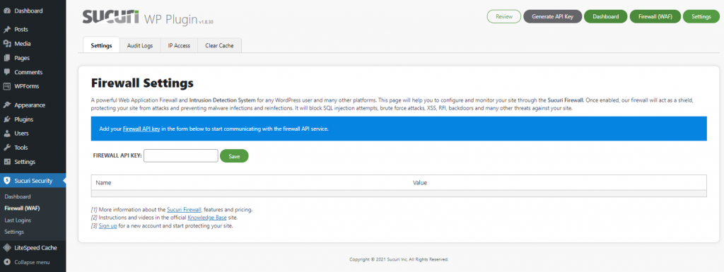 Paramètres du pare-feu de Sucuri Security dans le tableau de bord de WordPress
