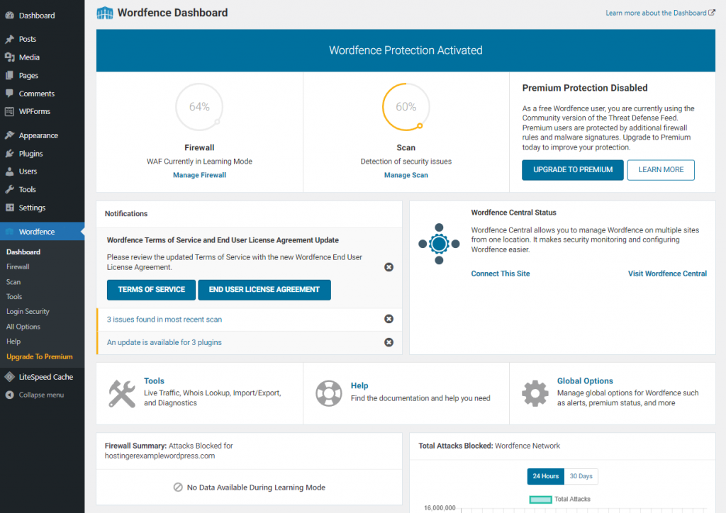 Configuration de Wordfence dans le tableau de bord de WordPress