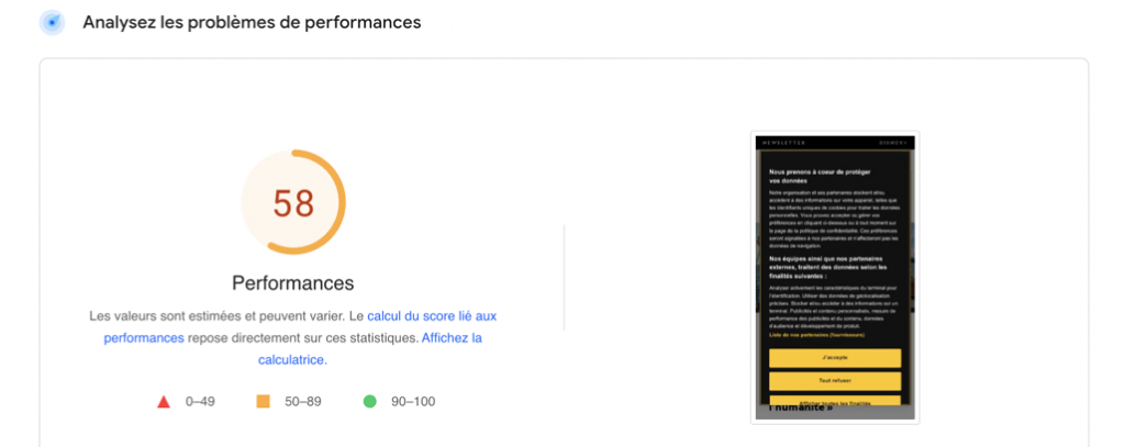 Menu des performances sur Google Page insights