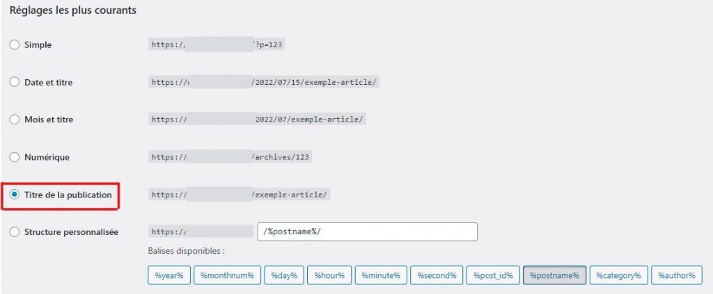 réglage de la structure des URL des permaliens sur le tableau de bord WordPress