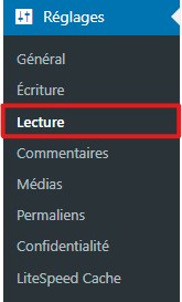 Réglages de lecture sur le tableau de bord WordPress