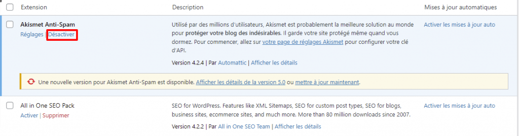 Désactivation des plugins WordPress un par un