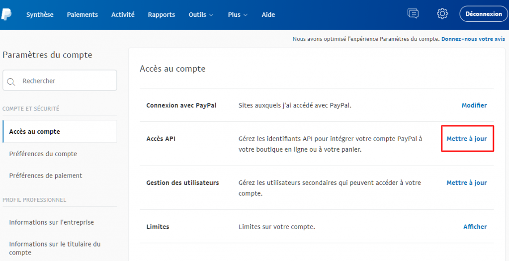 accès api paypal