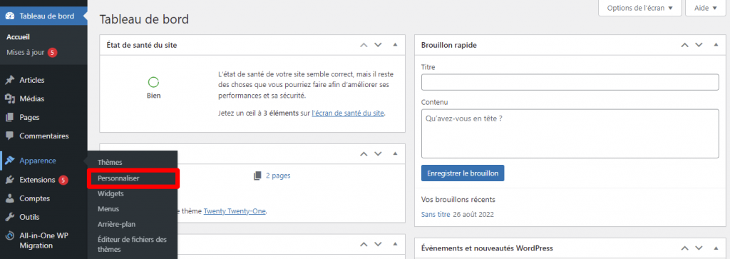 Ouvrir le personnalisateur de thème sur wordpress