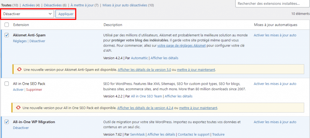 désactiver plusieurs plugins WordPress à la fois