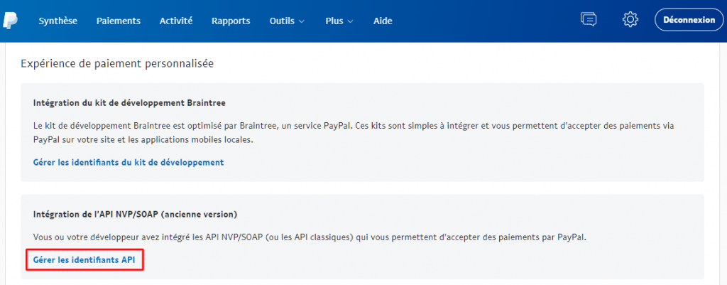 gérer les identifiants de l'api paypal