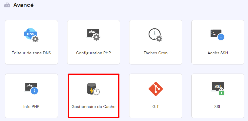 Gestionnaire de cache sur le hPanel de Hostinger