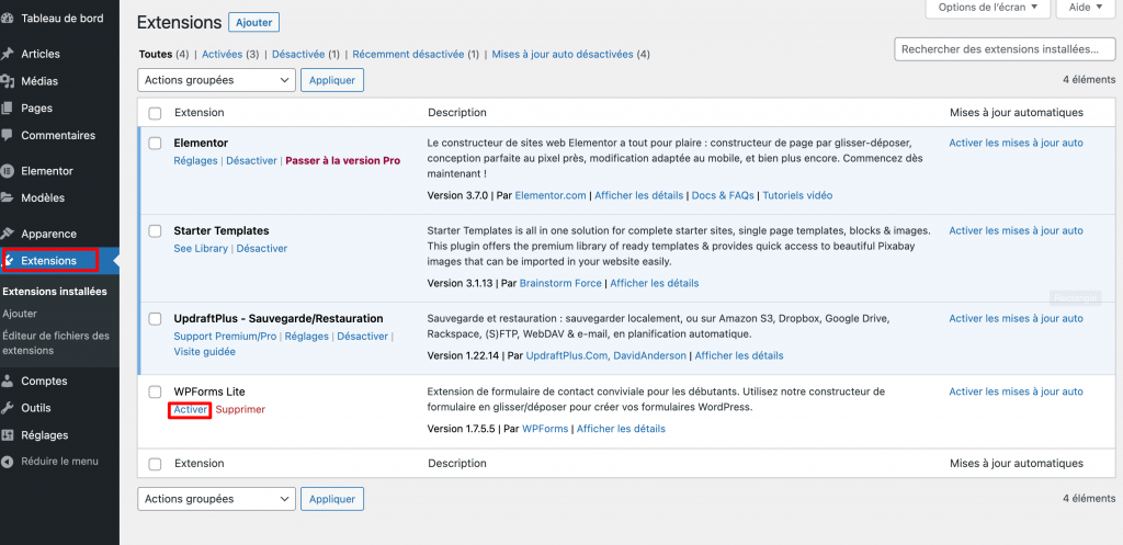 Capture d'écran montrant comment activer un plugin préinstallé
