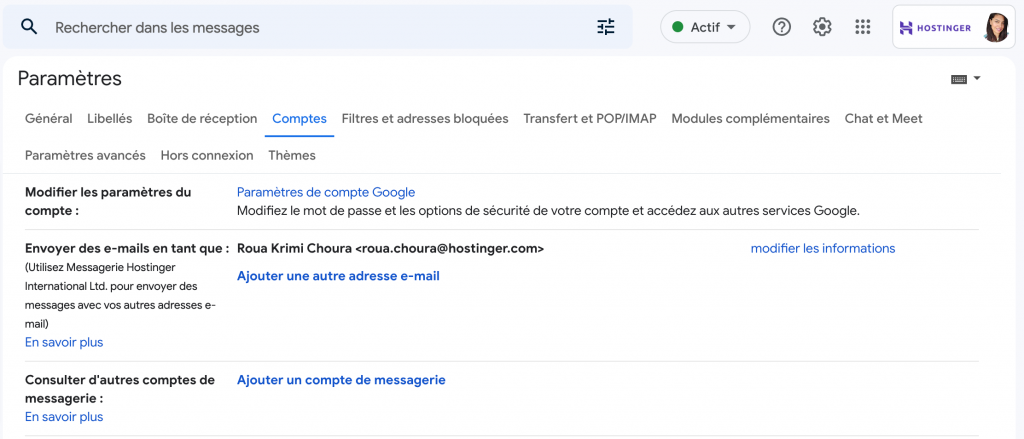 Onglet Comptes sous Paramètres Gmail