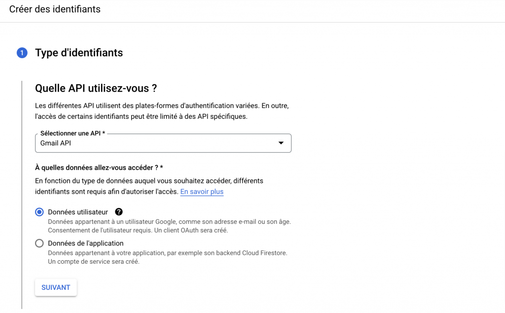 Ajout d'informations d'identification sur l'API Google