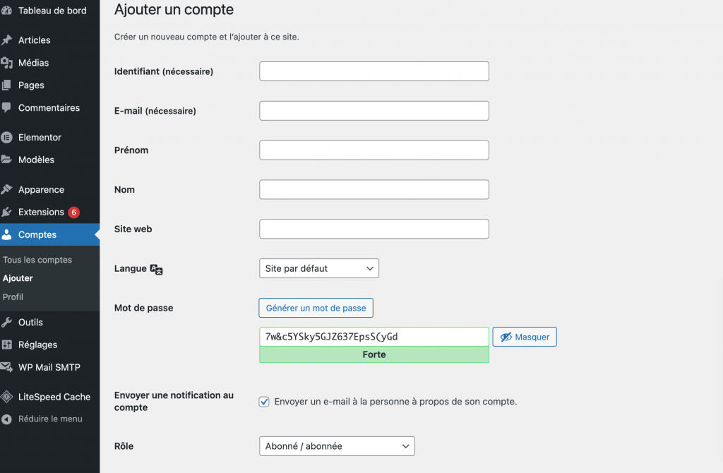 Ajouter un nouveau compte sur WordPress