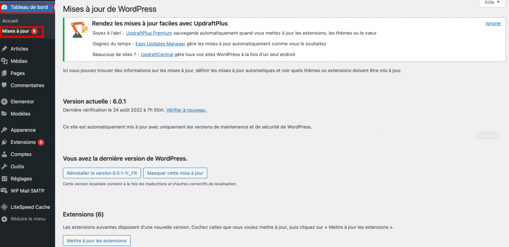 La page des mises à jour de WordPress dans le tableau de bord de l'administrateur