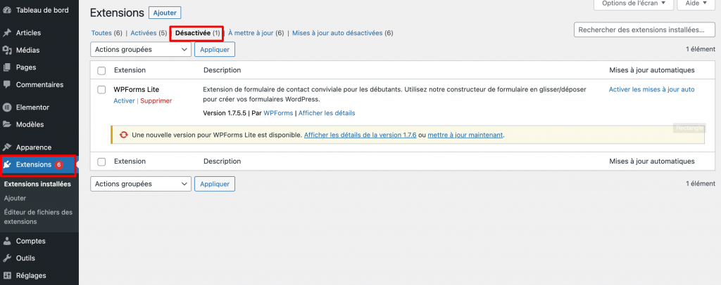 La page Plugins dans le tableau de bord de l'administrateur