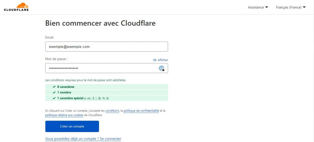 Page d'inscription de Cloudflare