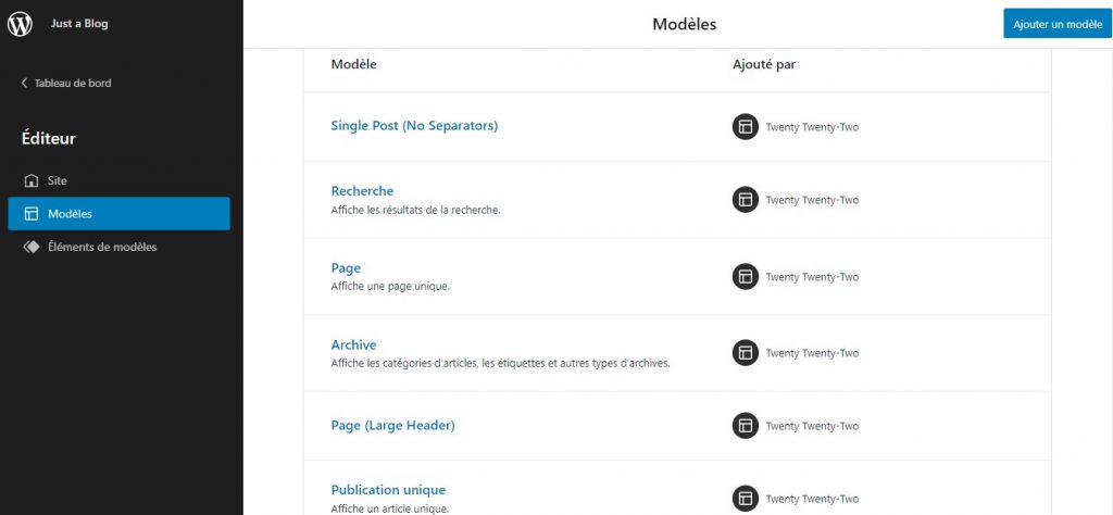 Liste des modèles dans l'éditeur de blocs WordPress