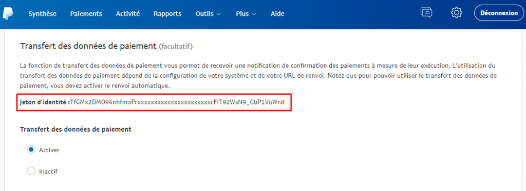 Options de transfert de données de paiement Paypal