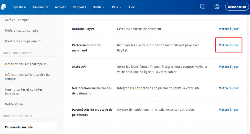 préférences de site marchand sur paypal