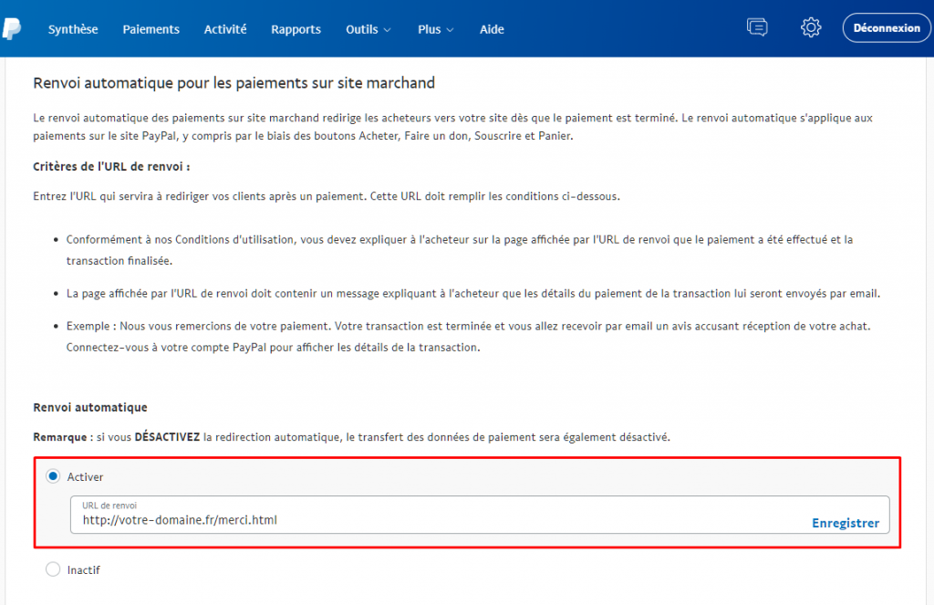 transfert automatique pour les paiements du site PayPal