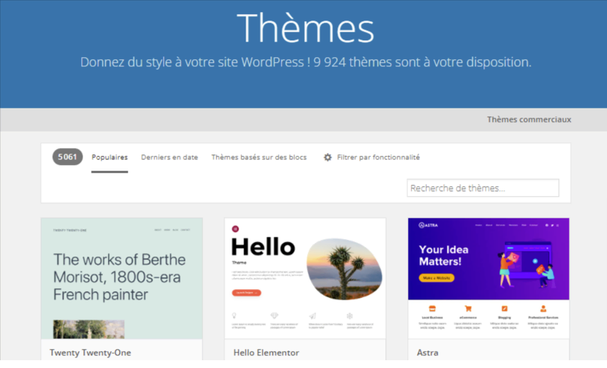 Capture d'écran montrant le répertoire des thèmes WordPress