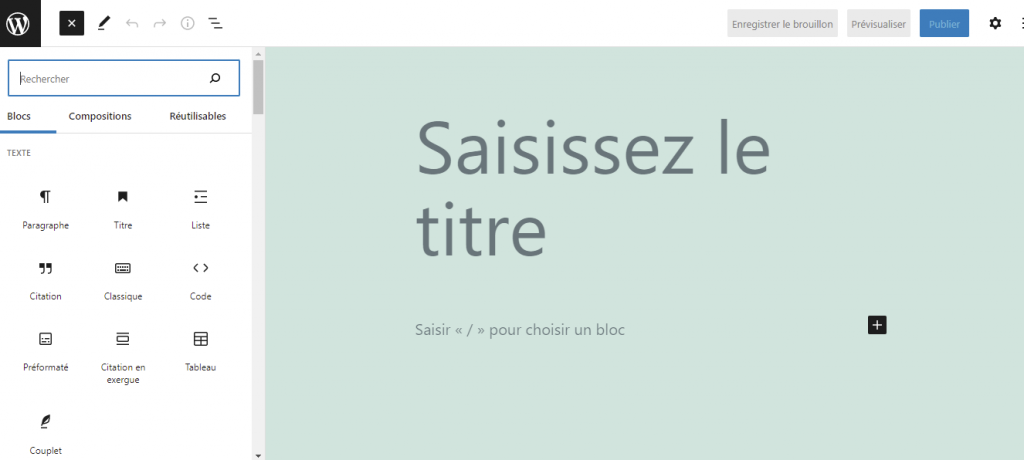 Capture d'écran montrant l'éditeur Gutenberg