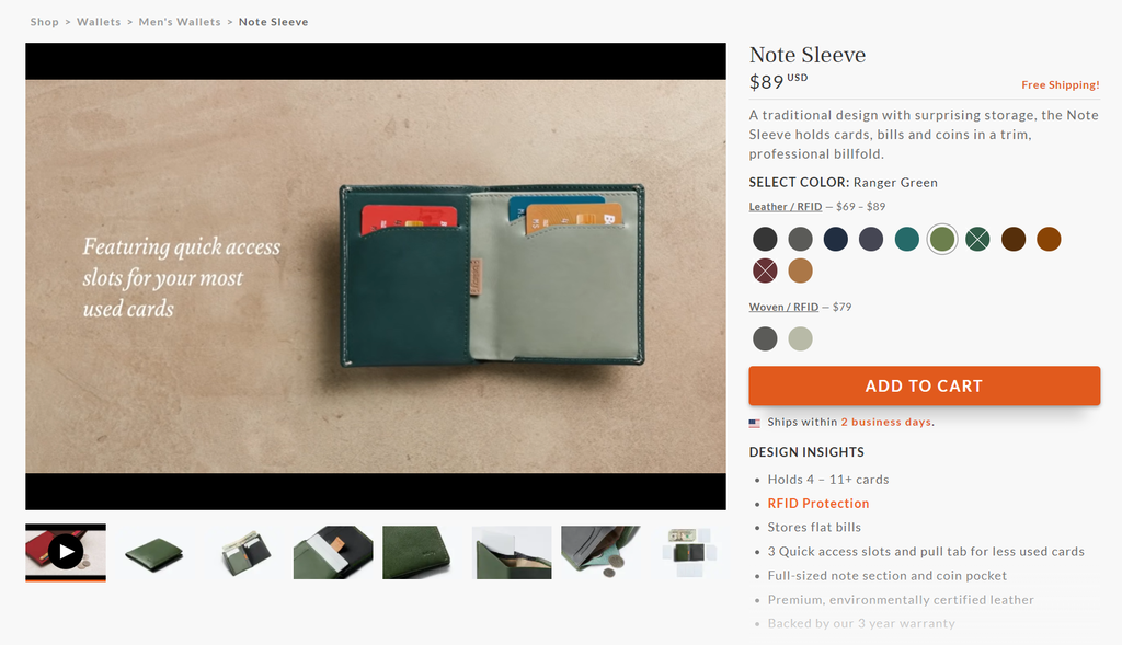 Une page produit sur Bellroy.com. 