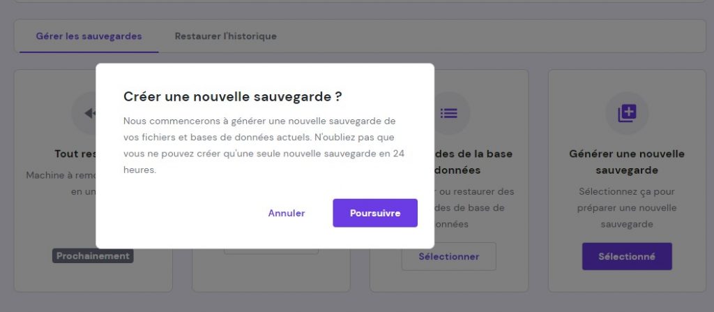 créer une nouvelle sauvegarde sur hpanel