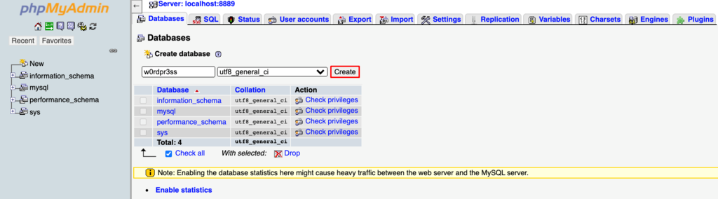 Le bouton "Créer" dans l'onglet Bases de données de phpMyAdmin