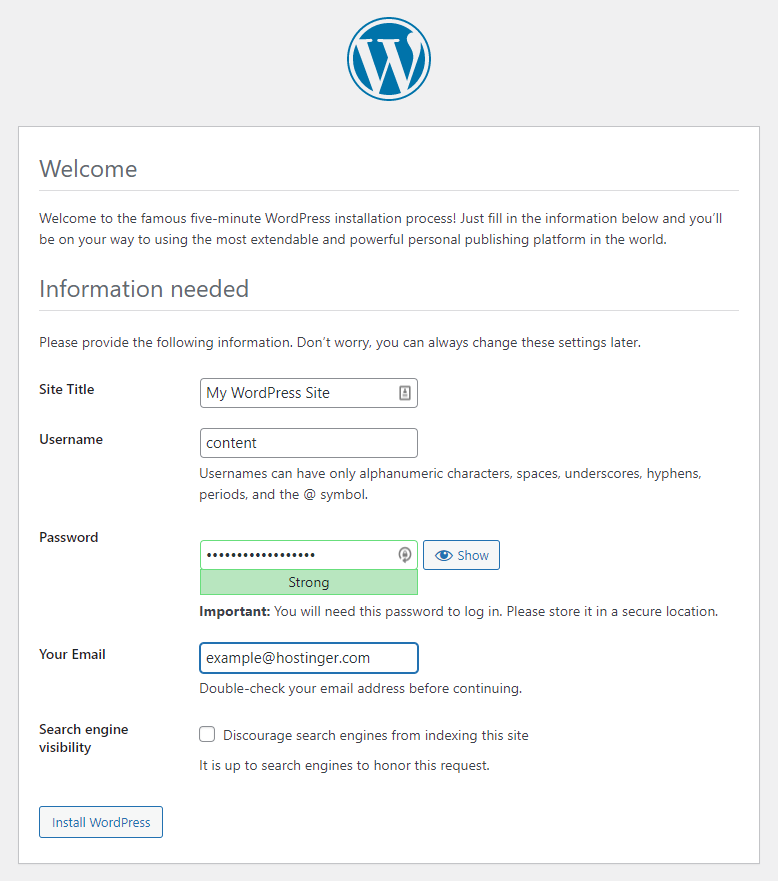 Le formulaire d'installation de WordPress
