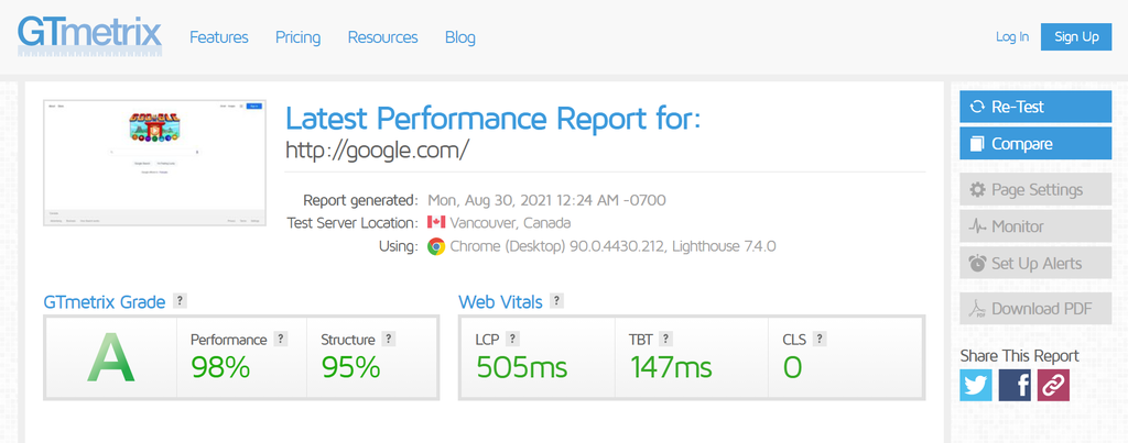 Un rapport de performances de site web sur GTMetrix.