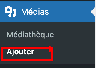 Capture d'écran du tableau de bord de WordPress montrant où trouver Media et cliquer sur Ajouter