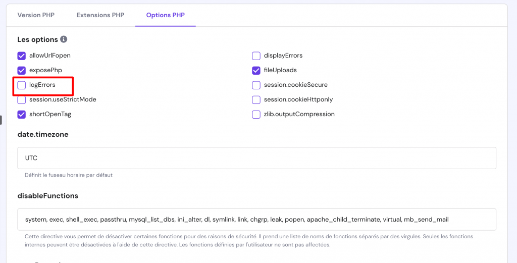 Option logErrors dans l'onglet Options PHP
