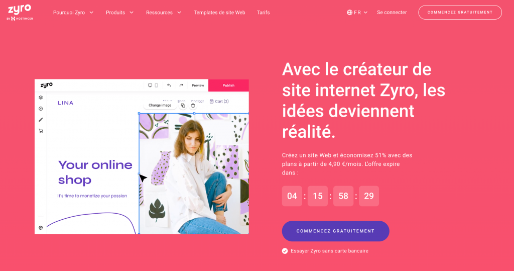 Page d'accueil de Zyro le créateur de sites web 
