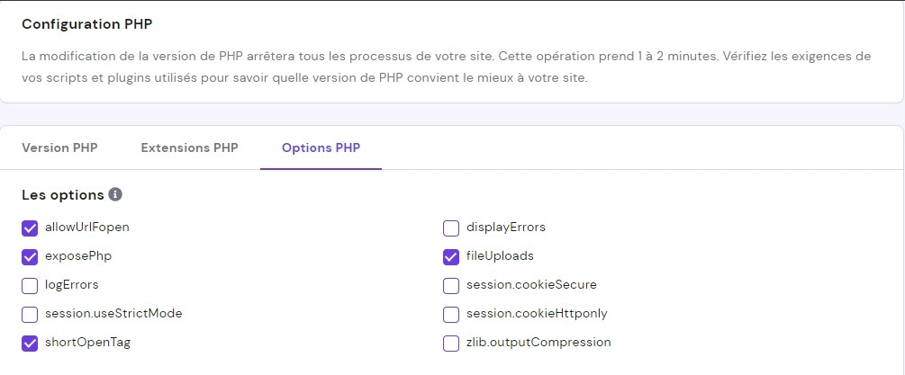 Options php sur hPanel