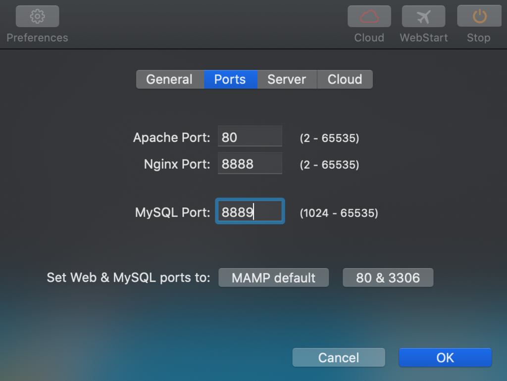 remplissage du port MySQL sur les ports MAMP 