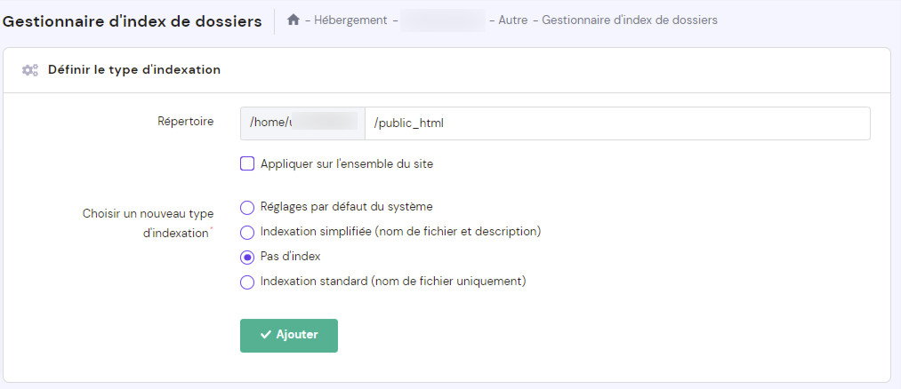 Choisir Pas d'index dans le gestionnaire d'index de dossiers de hPanel