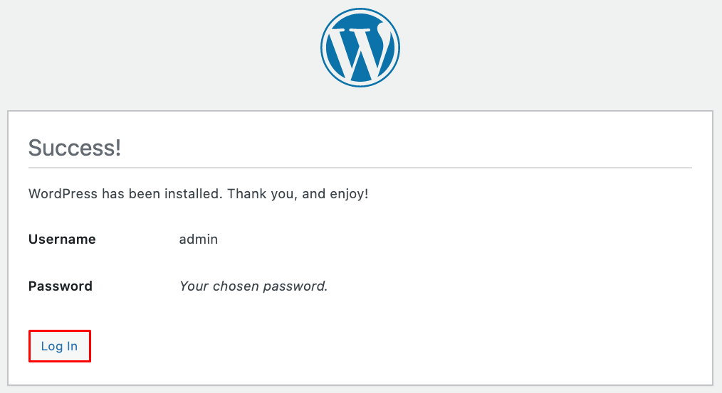 Message d'installation réussie de WordPress 