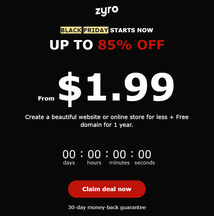 Le message d'email marketing de Zyro pour le Black Friday.