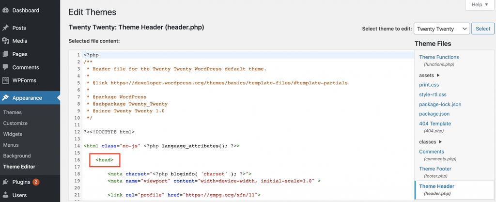 Modification du fichier header.php à l'aide de l'Éditeur de fichiers des thèmes