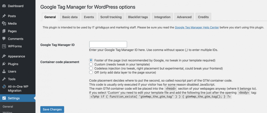 Options pour la configuration de Google Tag Manager pour WordPress
