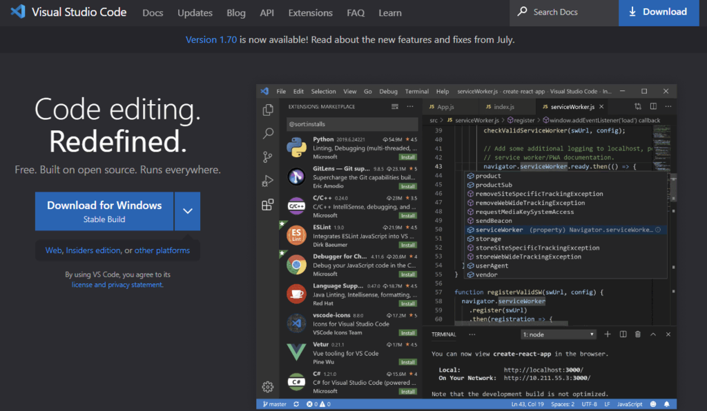 Page d'accueil de Visual Studio Code