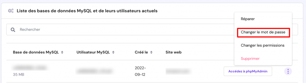 Une fenêtre montrant comment changer le mot de passe de votre base de données actuelle
