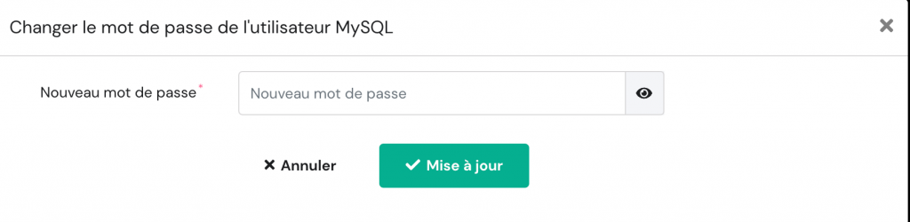 Fenêtre de modification du mot de passe de l'utilisateur MySQL montrant le bouton de mise à jour
