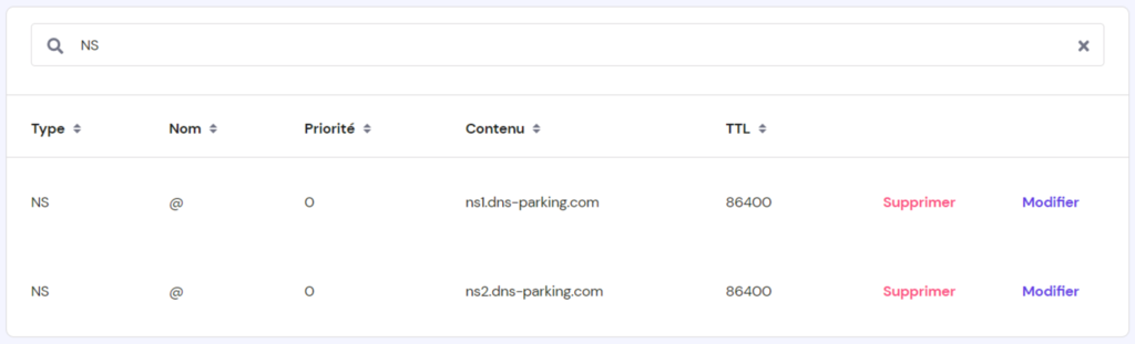 Barre de recherche de l'éditeur DNS de hPanel.