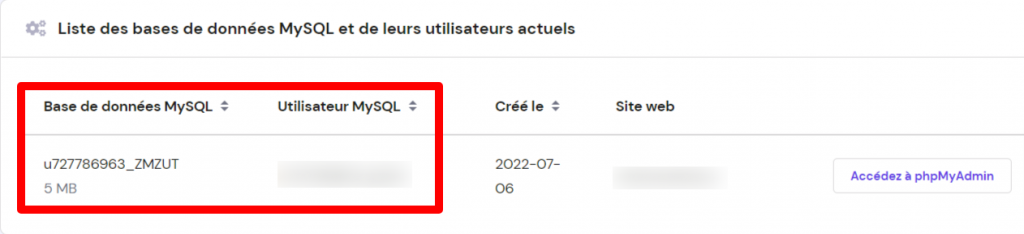 Une fenêtre montrant la liste des bases de données MySQL et de leurs utilisateurs actuels.