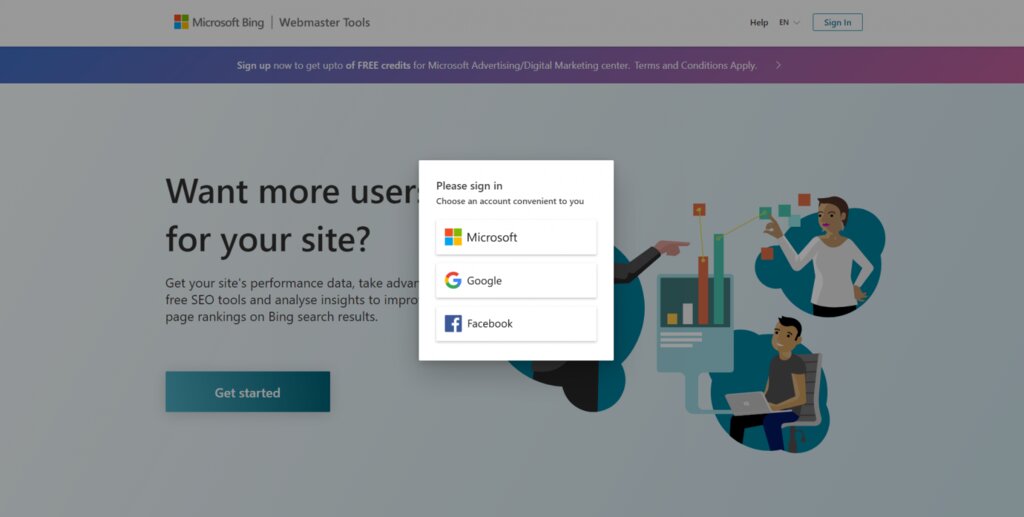 Choix d'un compte pour se connecter aux Bing Webmaster Tools