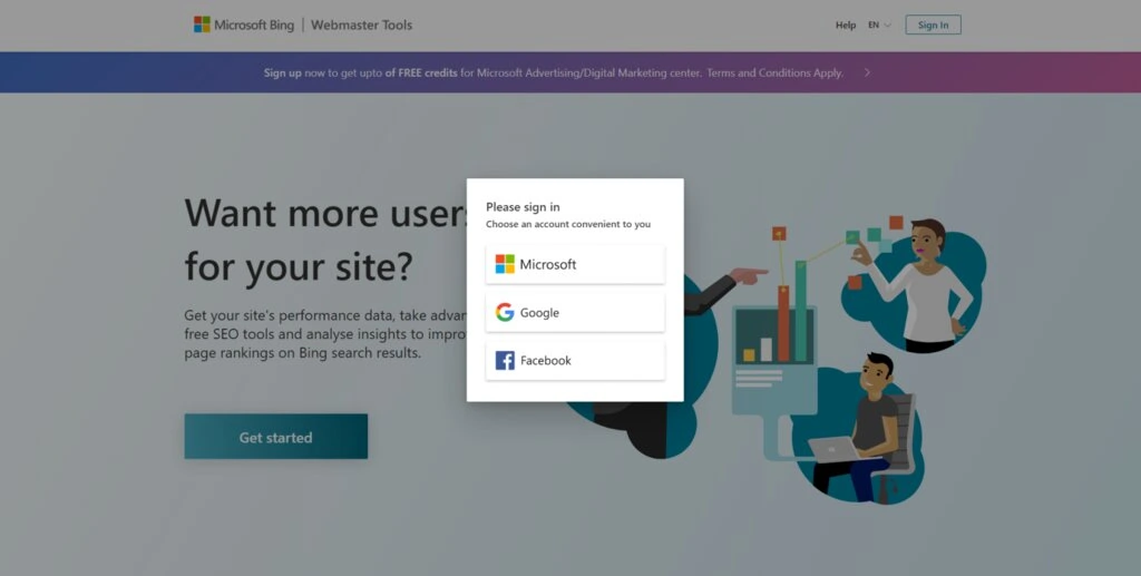Choix d'un compte pour se connecter aux Bing Webmaster Tools