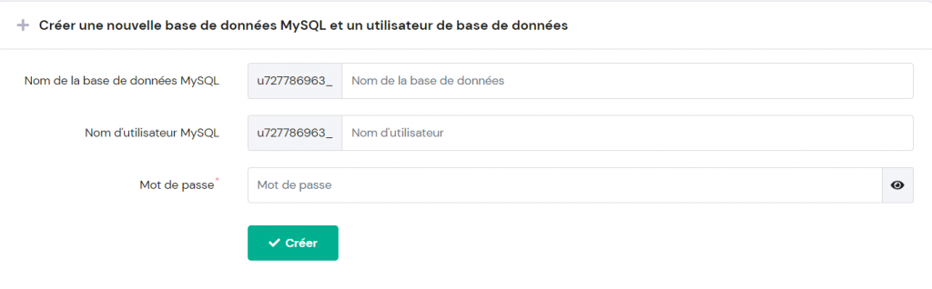 fenêtre montrant comment créer une nouvelle base de données MySQL et un utilisateur de base de données sur hpanel
