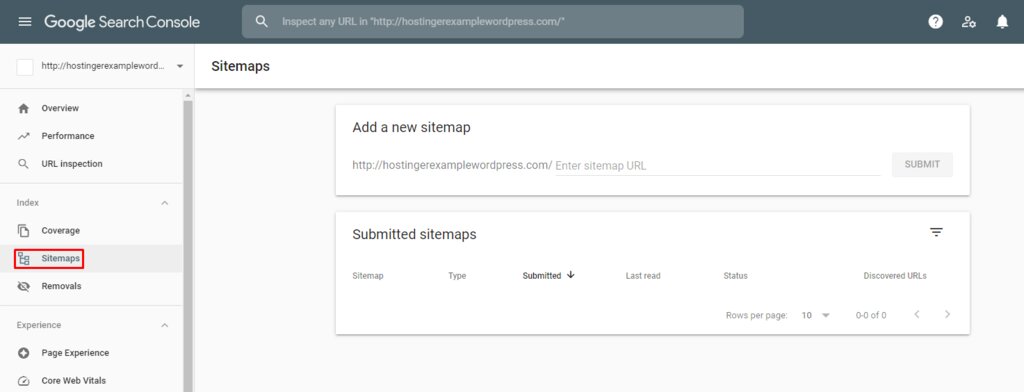 Capture d'écran de Google Search Console montrant où ajouter un sitemap.